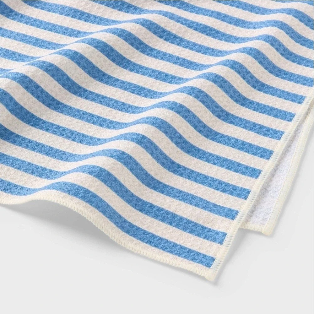 Pair of Blue White Stripe Bath Towel Cotton Blend Quick‎ Dry Soft Absorbent